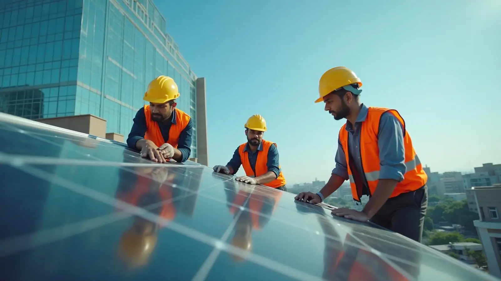 Solar installation team working on rooftop project